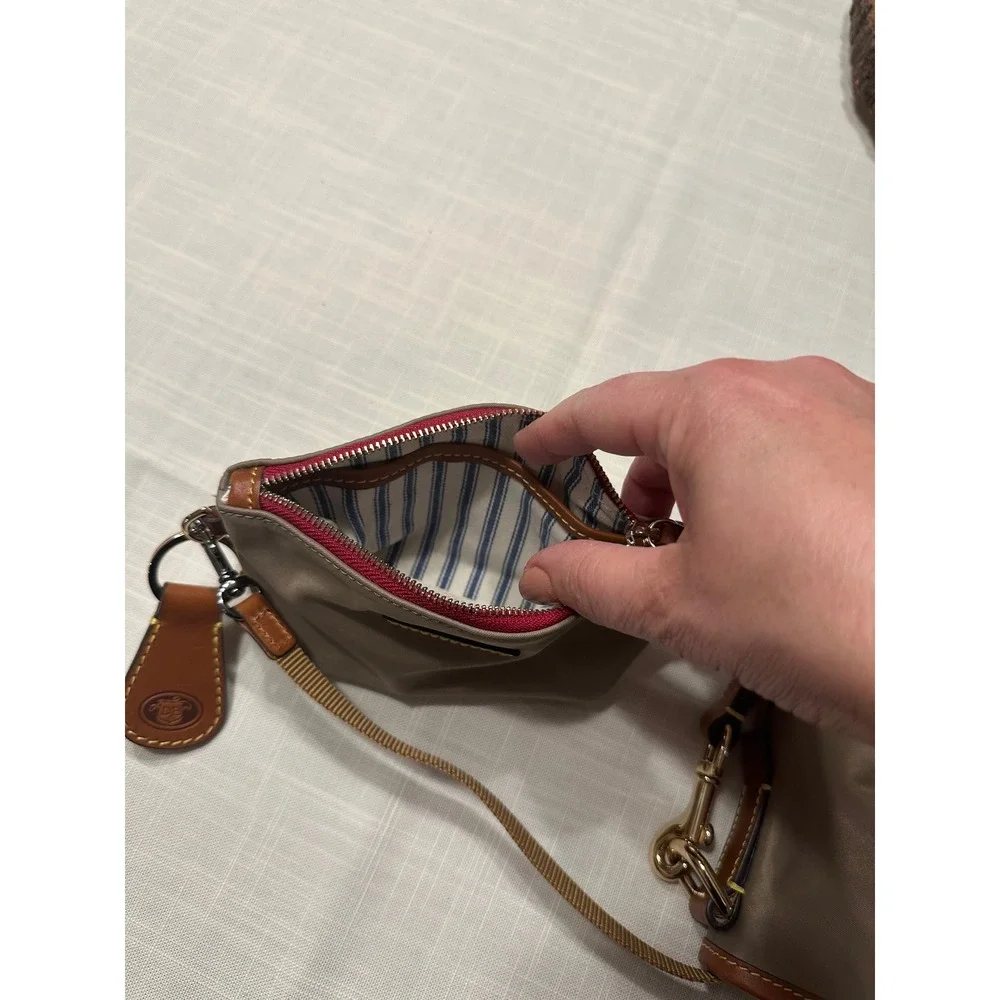 Dooney & Bourke Taupe Nylon Hobo Shoulder Bag Leather Trim Coin Purse Set